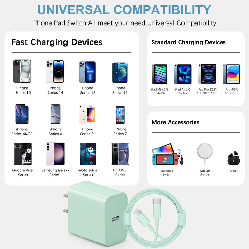 iPhone 15 Charger USB C Wall Charger iPad Pro Charger Block 2 Pack with 2 Pack 6FT Cable for iPhone 15/15 Plus/15 Pro/15 Pro Max/iPad Pro/Mini/Air/Air4/AirPods/Samsung(Green) Green