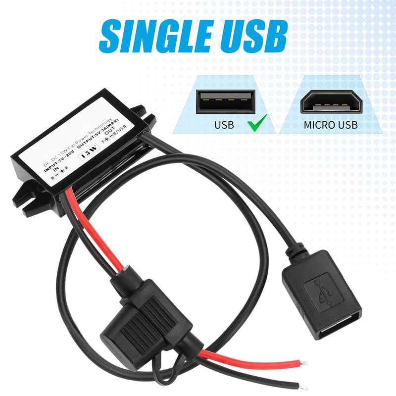 12 V to USB, 12 V to 5 V USB adapter, DC buck converter module 3 A 15 W DC to DC car power converter adapter with fuse (single USB) Single USB with fuse