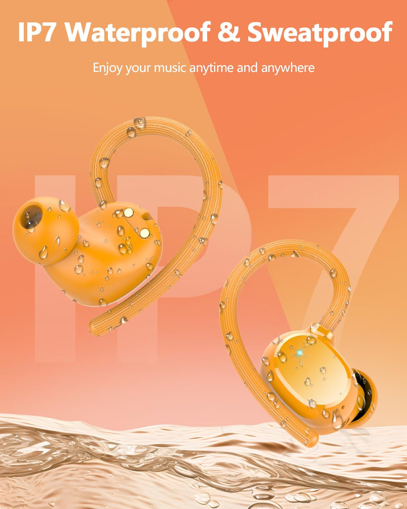 Ear buds Wireless Bluetooth Earbuds Sport 2026 NEW Bluetooth 5.3 Headphones with LED Display 128H Playtime Powerful Bass Over Ear Earphones with Earhooks IP7 Waterproof for Gym/Running/Workout Orange