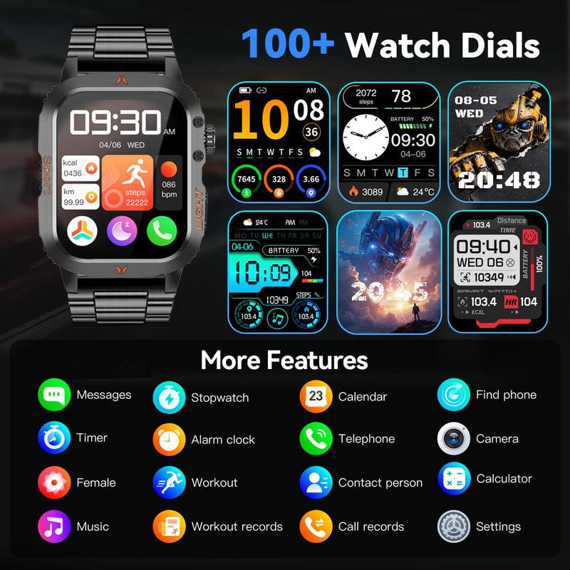 QTLLBT Men's Military Smart Watch 1500mAh Battery 30day IP68 Waterproof Suitable for Swimming Answer/Make Call Function Outdoor Tactical Smart Fitness Watch Heart Rate for Android & iOS Black Steelstrap