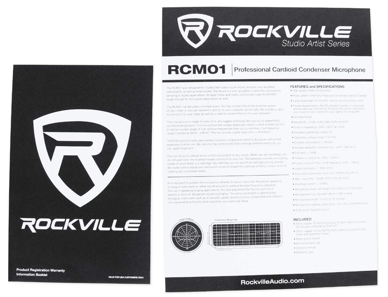 Rockville RCM01 Pro Studio Condenser Microphone, 200 Ohm, Cardioid Pattern, Metal Shock Mount, 30Hz-20kHz Frequency, XLR and 3.5mm Cables, for Vocals and Podcasting