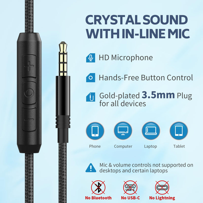 AC01 Over-Ear Headphones Wired, Passive Noise Isolating Corded Stereo Headsets with Mic Volume Control for Adults Teens 3.5mm for Chromebooks, Laptop, Computer, Tablets, Travel (Black Blue) Black Blue