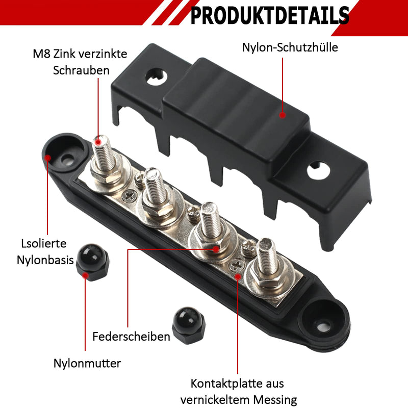 12V-48V DC BusBar Distribution Block 250A BusBar Box with 4 x M8 Terminal Bolts High Performance Module, Power Distribution Block Grounding Current for Car RV Boat Yacht (Red Black, 2 Pieces) 1