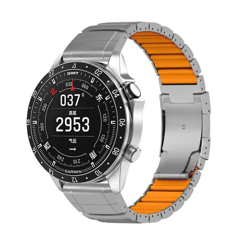 Titanium Garmin QuickFit Watch Band, Silicone Lined, Deployment Clasp | MaKTech Lightweight Bracelet, DLC Scratch-Resistant, Deployment Clasp, for Garmin Watch Silver/Orange 22mm