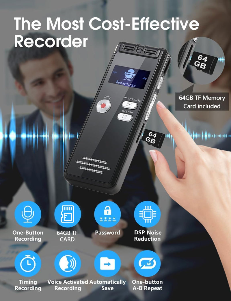 [AUSTRALIA] - 64GB Digital Voice Activated Recorder with Playback - 4552 Hours Audio Recording Device, 3072Kbps HD Dual MIC Tape Recorder Device for Lecture A-B Repeat, MP3 Player, Password,【64GB TF Card Included】 64GB 