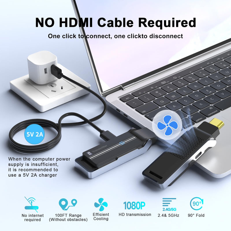 [AUSTRALIA] - Wireless HDMI Transmitter & Receiver Kit with Heat Dissipation, 90° Bendable Interface, Dual-Band 2.4G/5G - Stream Video & Audio from Laptops/TV Boxes/Projectors to Monitors (Equip USB-C to HDMI) 