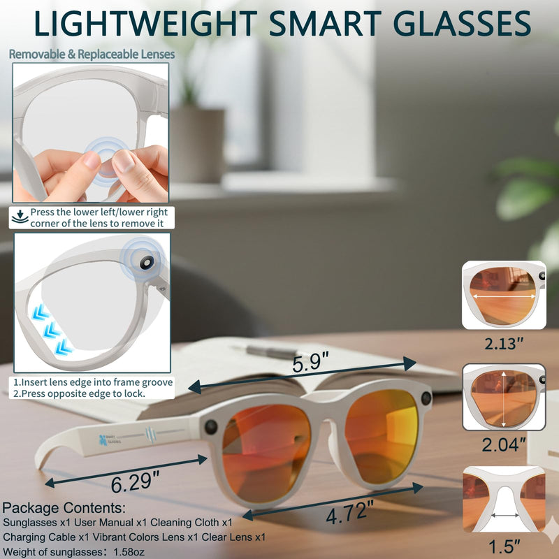 Smart Glasses with Camera AI (White, 2MP Pixel)