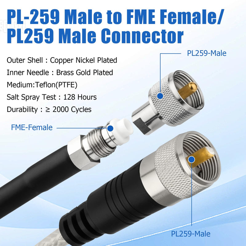Ullnosoo CB Coax Cable 18ft, CB Radio Antenna Cable RG8X Coaxial Cable with PL-259 Male to FME Female/ PL259 Male Connector, Low Loss for HAM Radio, VHF Radio, Marine Antenna, SWR Meter with FME Adapter
