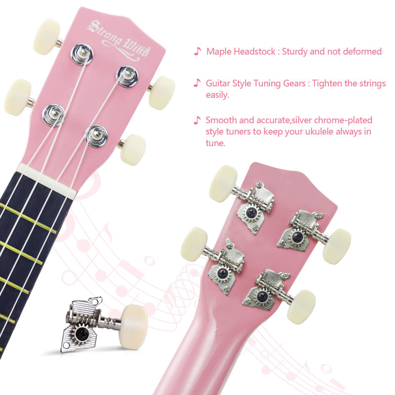 Strong Wind Soprano Ukulele 21 Inch Basswood Ukeleles for Beginners Four Strings Hawaiian Guitar Ukulele for Adults Teenagers Pink