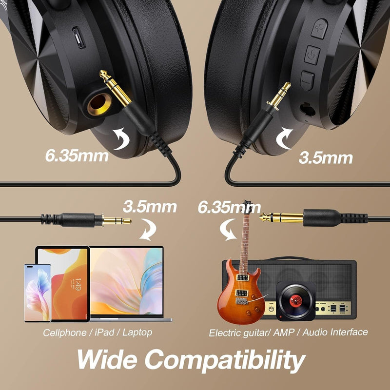 OneOdio A70 Bluetooth Over-Ear Headphones, Hi-Res Wired DJ Studio - Black | Wireless over-ear headphones with 72H playtime, 3.5mm/6.35mm wired jacks for studio monitoring, mixing, guitar, amp and PC