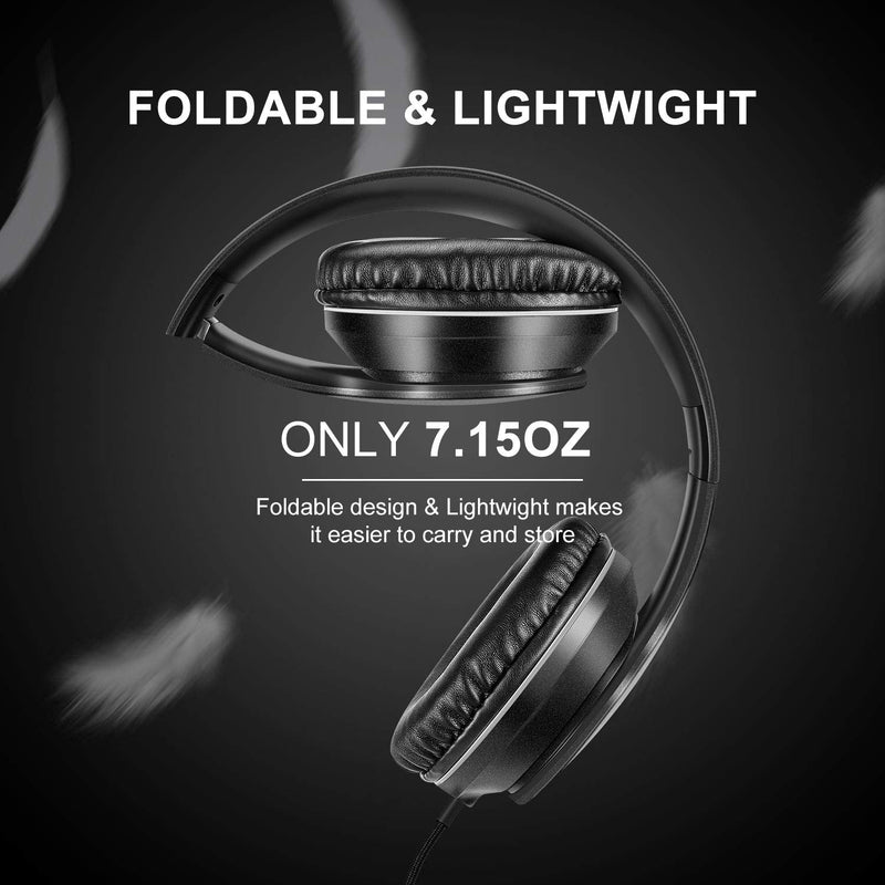 LORELEI X6 Over-Ear Headphones with Microphone, Lightweight Foldable & Portable Stereo Bass Headphones with 1.45M No-Tangle, Wired Headphones for Smartphone Tablet MP3 / 4 (Space Black) Space Black