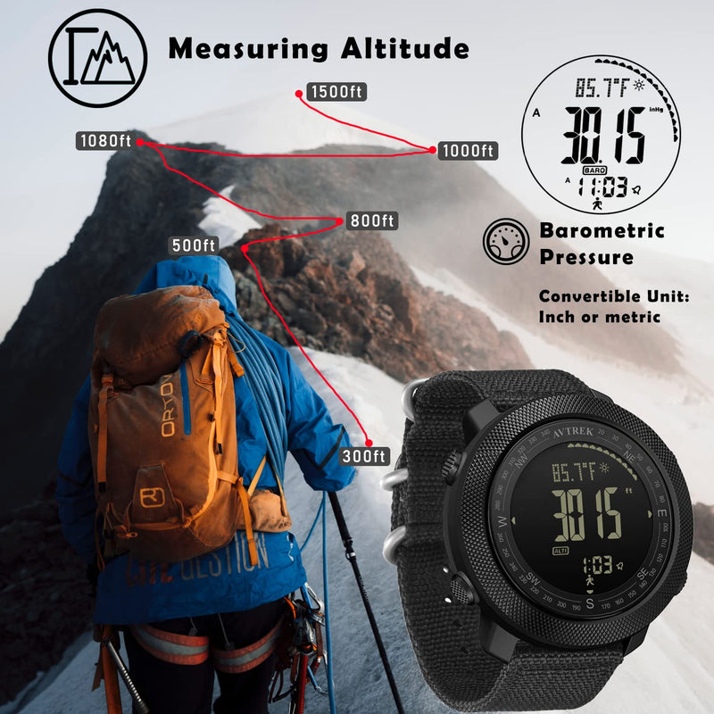 AVTREK Military Army Watch Altimeter Barometer Compass 50m Waterproof-2106 | Men's Digital Wristwatch with Backlight/Pedometer Calorie and Mileage Tracking,Outdoor Fitness Tracker BLACK