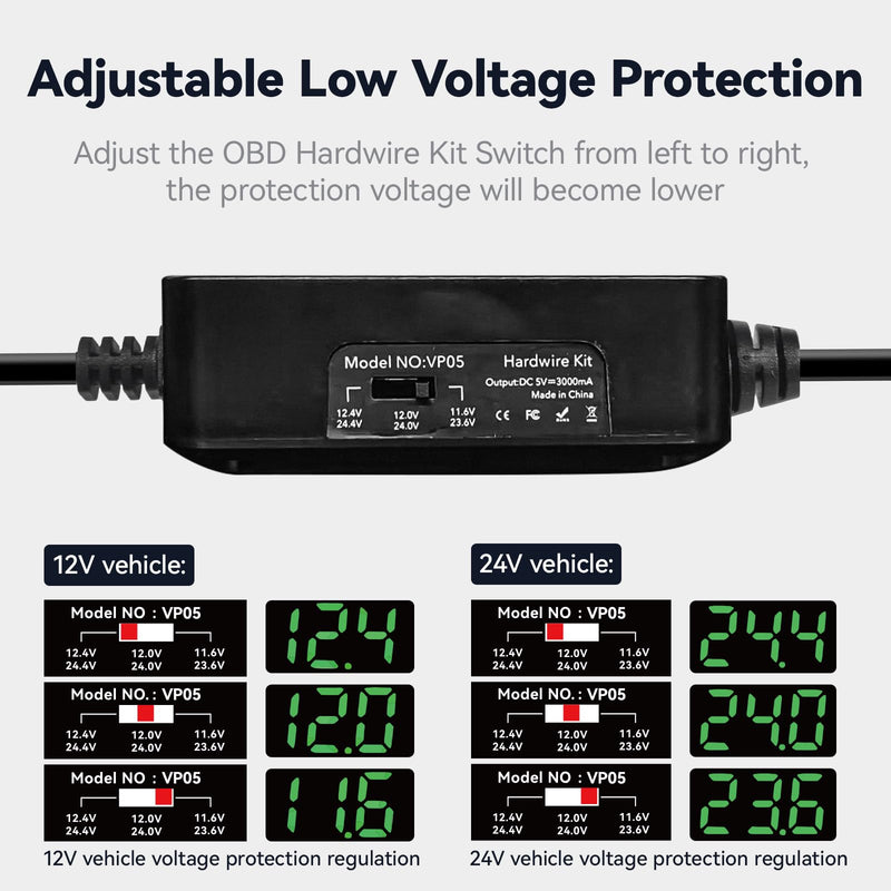 REDTIGER Dash Cam OBD Hardwire Kit with USB C Port,12V-24V to 5V, Low Voltage Protection for 24H Parking Mode,Suitable Series Dash Cam