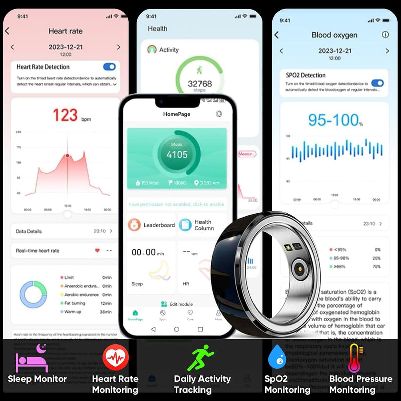Smart Ring Fitness Tracker - Wearable Smart Health Tracker Sleep Heart Rate for Blood Oxygen for Men Women, IPX8 Waterproof Support 7 Days Battery Life (Black, 10)