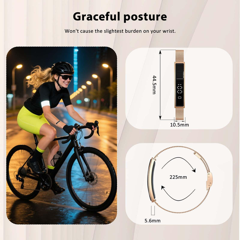 Smart Bracelet for Men Women with 2 Bands 24/7 Fitness Health Tracker | Heart Rate/Pressure Detection/Sleep Monitor, 5ATM Waterproof Fashion Wristband with Multiple Sport Modes Android iOS Gold Steel + Black Silicone