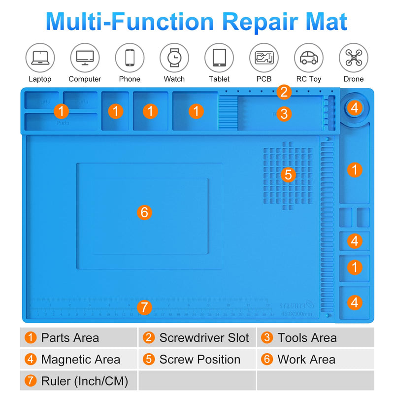 STREBITO Silicone Soldering Mat Electronics Mat, Solder Pad Heat Resistant 932°F, Magnetic Work Mat Silicone Repair Mat for Soldering, Computer, Laptop, Cell Phone, RC, Watch, Gun, Size 17.7" x 11.8" S-450