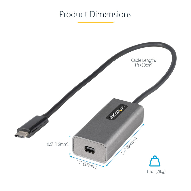 [AUSTRALIA] - StarTech.com USB C to Mini DisplayPort Adapter, 4K 60Hz USB Type C to mDP/Mini DP Monitor Video Converter Dongle, Thunderbolt 3 Compatible, 12" Attached Cable, Upgraded Version of CDP2MDP (CDP2MDPEC) Space Gray 12" / 30 cm 