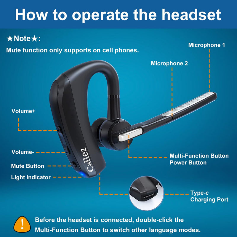 Bluetooth Headset for iPhone Android Cell Phone, Bluetooth Earpiece V5.0 with CVC8.0 Dual Mic Noise Cancelling & Mute/Volume Buttons, Hands-Free Wireless Headset for Trucker Business Office Black