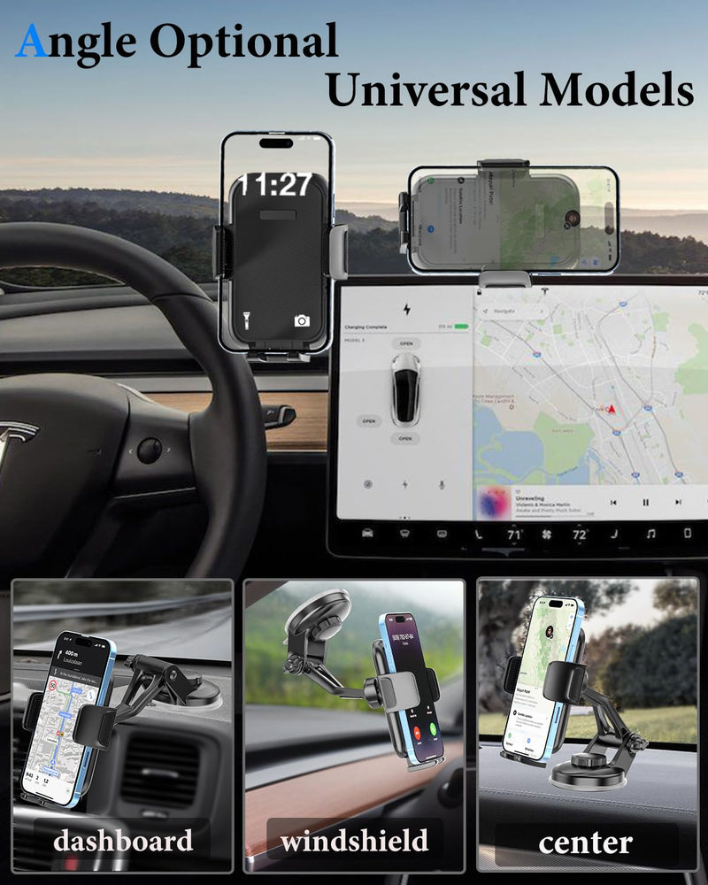 Tesla Phone Holder [Strong Backup Sucker] Screen Phone Mount for Tesla Model 3/Y/X/S, Hands Free Car Cell Phone Stand, Compatible with iPhone 15/14/13/12/ Pro Max, Galaxy, 4-7" Smartphones