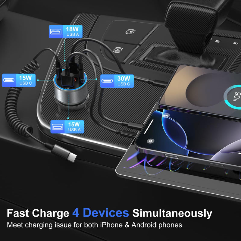 Car Charger 5 Pack, 65W 12V USB Multi Port QC/PD 3.0 Fast Charge Cigarette Lighter Adapter Dual USB-C & USB-A Cargador Carro Car Phone Charger Plug for iPhone 17 16 15 14 13 Galaxy Android(Gray) Gray