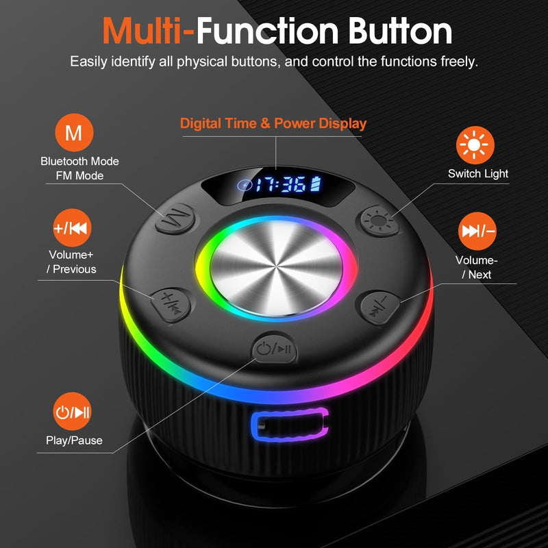 [AUSTRALIA] - Bluetooth Shower Speaker, IP7 Waterproof Portable Bluetooth 5.3 Speakers with Suction Cup, Mini Wireless Speaker with RGB Lights Time Display, Loud Stereo Sound for Bathroom Beach Outdoor Party Gift Sleek Black 