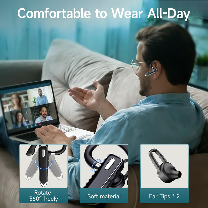 Wireless Single Ear Bluetooth V6.1 Headset, Business Earpiece with Mic | CVC8.0 Noise Cancelling,100H Playtime, LED Display, Dual Device Pairing, Mute Button for Office, Driving, Trucker Black