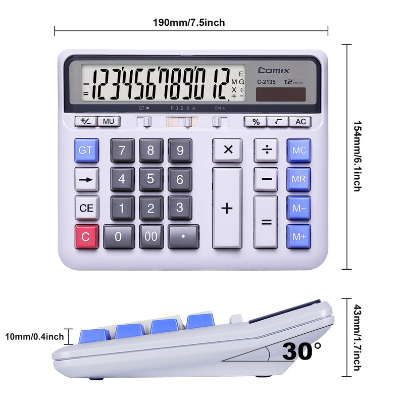 Comix Desktop Calculator, 12 Digits Large Desk Calculator, White, 2 Pack | Solar Battery Dual Power, Large LCD Display, Computer Keys, 4 Function Basic Calculator for Office Business Home Use