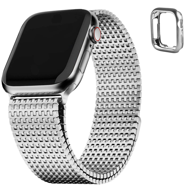 Fullmosa Compatible Mesh Apple Watch Band 38mm/40mm/41mm Silver with Case & Compatible No Tool Metal Apple Watch Band 38mm/40mm/41mm with Case,Silver