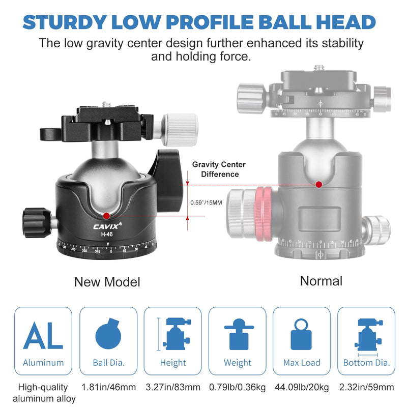 CAVIX Tripod Ball Head with 1/4" Arca Swiss Quick Release Plate Aluminium Tripod Ball Head Mount Large Ball HB46A