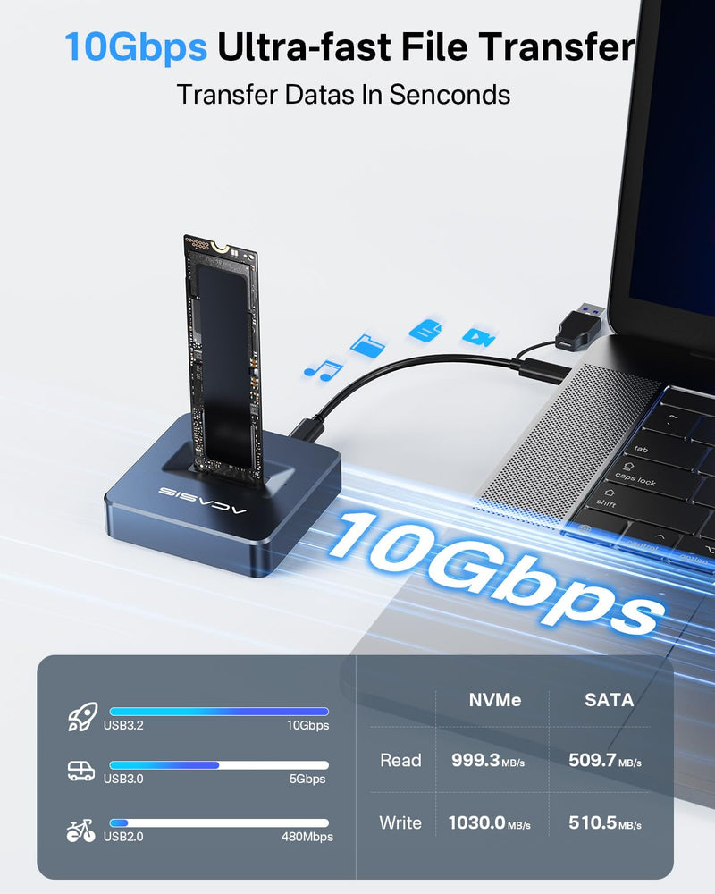 ACASIS NVME SSD Reader Adapter, Aluminium Alloy Housing Fast Heat Dissipation, NVME to USB Docking Station, M.2 SSD to USB Adapter 10Gbps, Support M.2 (M Key) NVMe SSD and (B+M Key) SATA-Based SSD