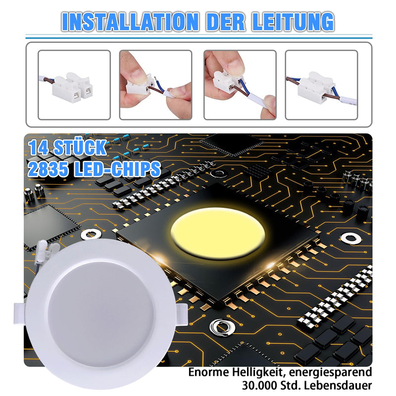 WeshLMPO LED Recessed Spotlights, 230 V, Flat Set of 6, 4 W Ceiling Spotlights, LED Spotlights, IP44 Ceiling Spotlights, LED Recessed Lights, 350 Lumens, Warm White, 3000 K, for Bedroom, Bathroom, 3000k Warm White 4W / 6er Set