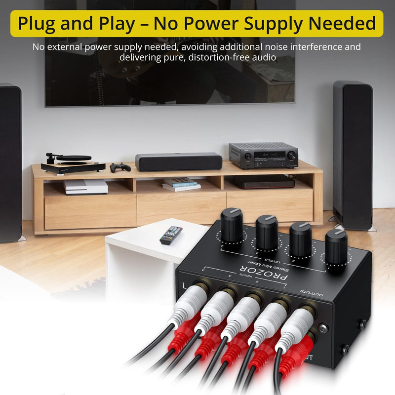 [AUSTRALIA] - PROZOR 4-Channel Stereo Audio Mixer, RCA Input with Independent Volume Controls, Metal Housing, Ultra Low Noise, for TV/PC Mixing, Home Studios, DJ Performances – No Power Required, Plug and Play 