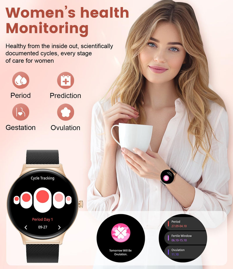 LIGE Smart Watch for Women(Dial/Answer Calls), 1.43" AMOLED HD Display, 100+ Sport Mode Fitness Tracker, 5ATM Waterproof/IP68/Sleep Smartwatch Womens, Ladies Smart Watches for iOS Android (Black Gold) Black Gold