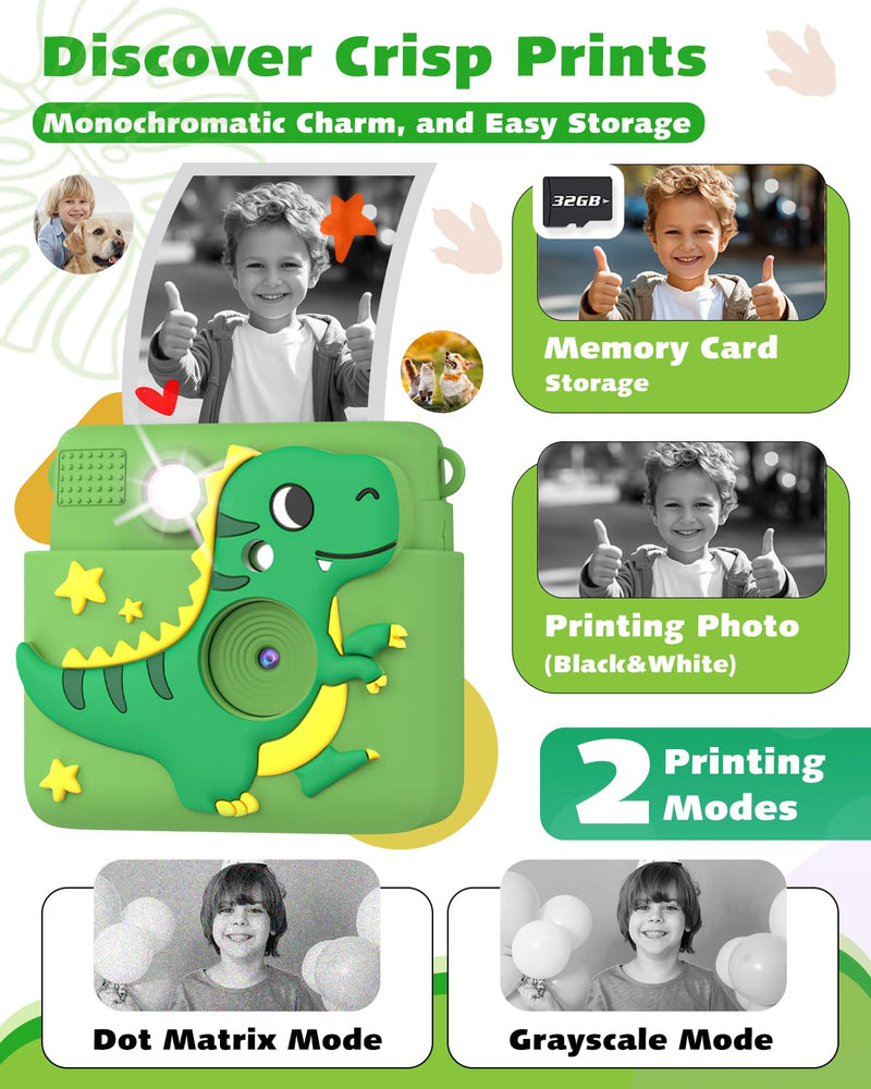 Instant Print Kids Camera,1080P HD Video Record Kids Camera Dinosaur Toys for Boys Age 8-10, Christmas Birthday Gifts for Boys 3 4 5 6 7 8 9 10 Year Old with 3 Rolls Photo Paper and 32G Card Green