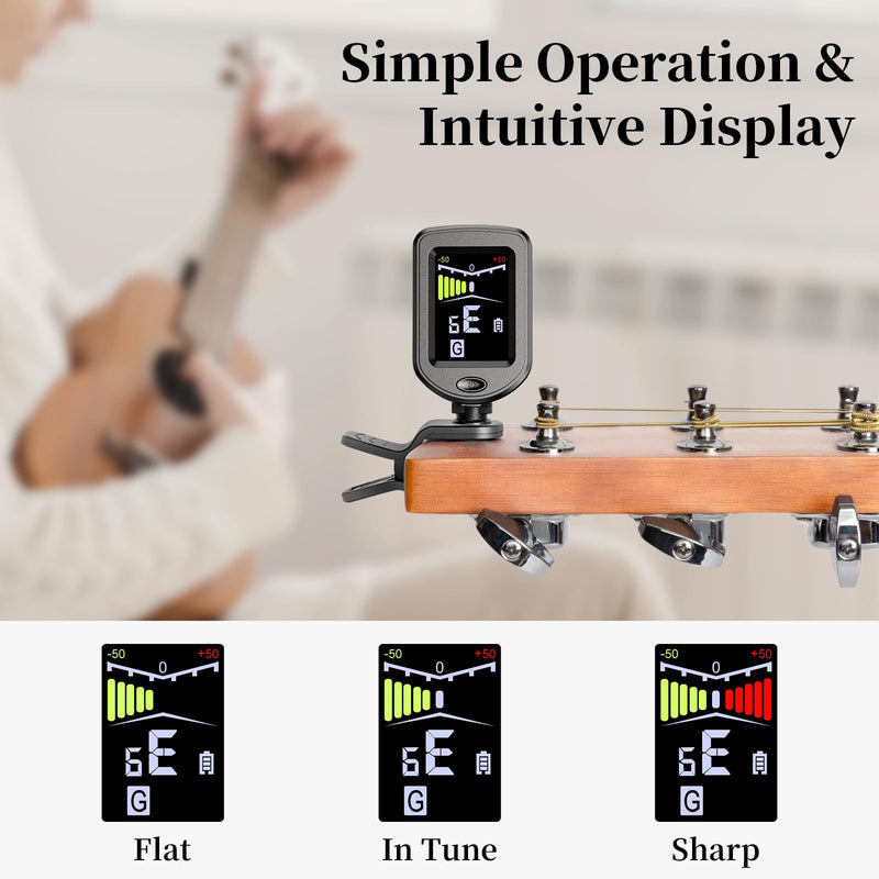 New Bee Clip-On Guitar Tuner Rechargeable with Color Screen 360° Rotatable Chromatic Tuner for Guitar, Bass, Ukulele, Violin (Black, 2 Pack) Black