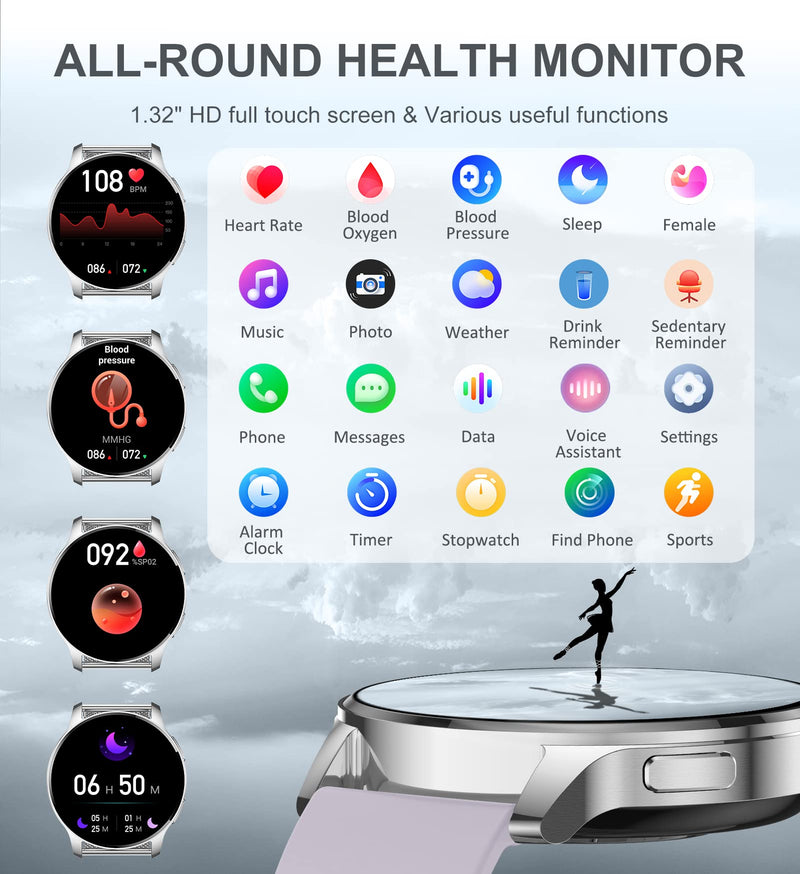 Smart Watch for Women (Answer/Make Call), Fitness Tracker for Android and iOS Phones Waterproof Smartwatch with 1.32" HD Full Touch Screen AI Voice Control Heart Rate Sleep Monitor Pedometer, Silver Silver-New
