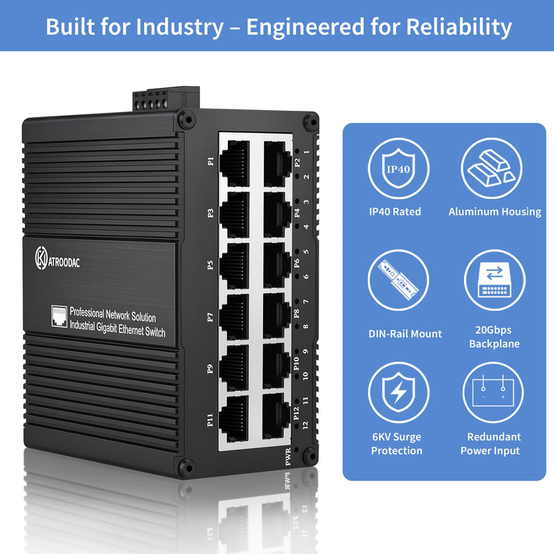 Industrial 12-Port Gigabit Ethernet Switch, 10/100/1000 Mbps | Unmanaged Network Switch, Dual 9-56V DC Power Input, DIN Rail & Wall Mount, Fanless Metal Housing, IP40 for CCTV and Factory 12 Gigabit Ports(NON POE)