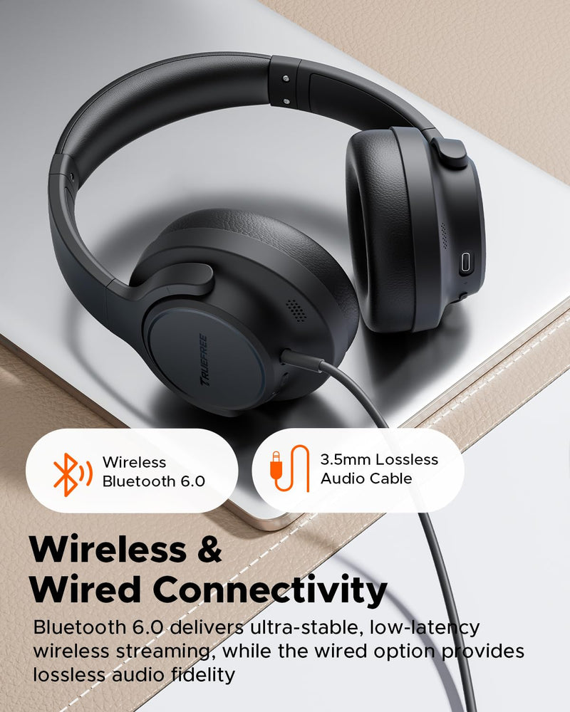 truefree HF10, Hybrid Active Noise Cancelling Foldable Headphones | Wireless Over Ear Bluetooth 6.0 ANC Headset, 125 Hours Playtime, Spatial Audio, Deep Bass, App Custom EQ, Dual Connection