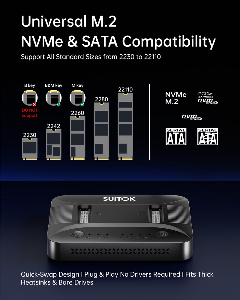 Dual-Bay M.2 SSD Cloner Dock for PC Storage Upgrade Tool-Free 16TB | Offline Duplicator M2 Reader Adapter NVMe SATA Copier Enclosure 10Gbps USB-C Supports 2230-22110 RGB Light System Migration