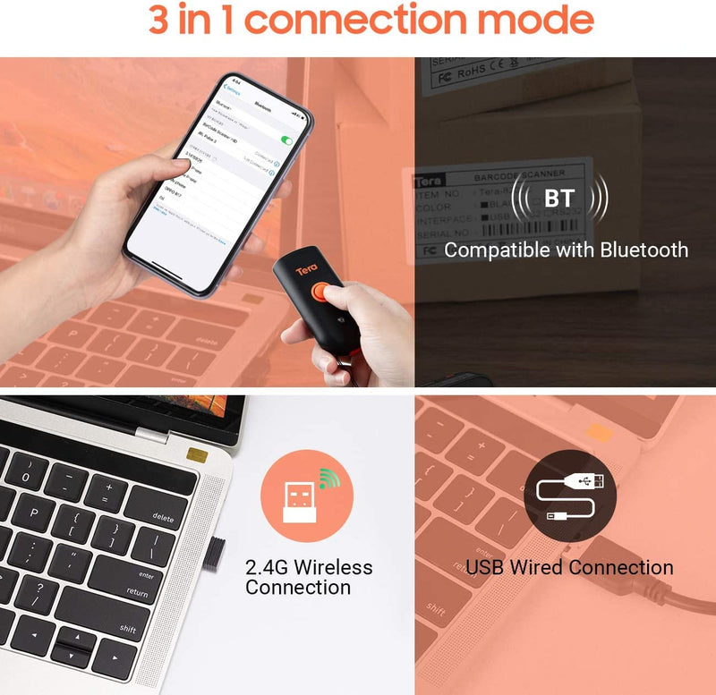 Tera Mini 1D 2D QR Wireless Barcode Scanner, Waterproof Shockproof Pocket Scanner, 3-in-1 BT & USB Wired & 2.4G Bar Code Reader Portable Image Scanner Work with iOS, Windows, Android 1100D 2D Mini Orange