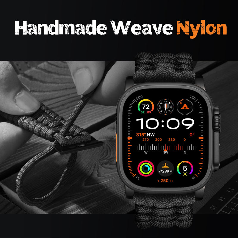 Bandletic Rugged Nylon Paracord Compatible with Apple Watch Bands for Men | Straps for 49mm Ultra, Series 11 10 46mm, 9/8/7 45mm, SE3/SE2/SE/6/5/4 44mm, 3/2/1 42mm Heikou-Black Large (6.7"- 7.7")49/46/45/44/42(S3/2/1)