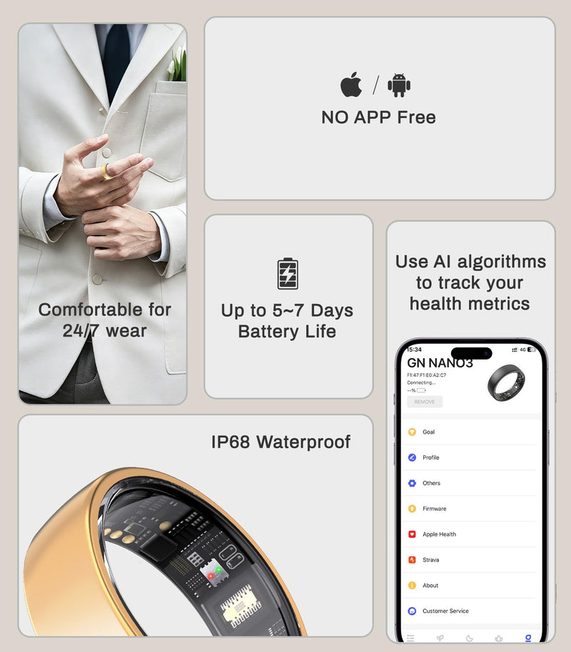 AI Smart Ring for Women Men, Health Ring with AI Health Analysis | Fitness Ring with HRV,Heart Rate,SpO2,Sleep Monitor & Stress, IP68 Waterproof Activity Tracke, No APP Fee (Rose Gold,13#)
