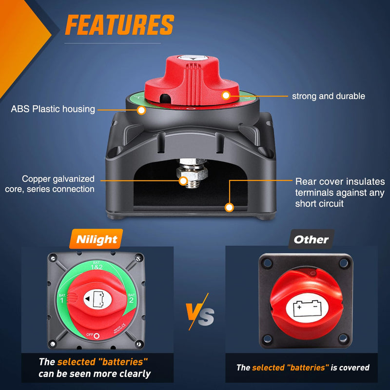 [AUSTRALIA] - Nilight Battery Switch 1-2-Both-Off 12V 24V 48V 600A High Current Heavy Duty Battery Power Cut Master Switch Disconnect Isolator for Truck Vehicle Trailer RV Marine Boat Yacht 1-2-Both-Off Switch 600A 
