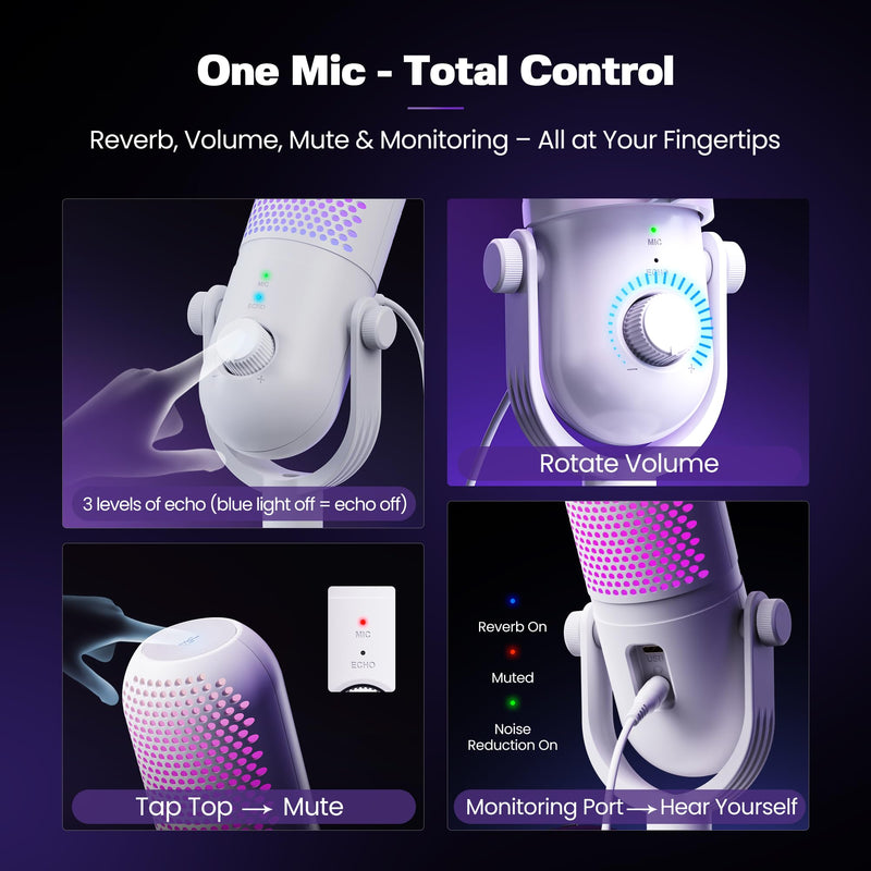 USB Microphone for PC Gaming: Condenser Microphone RGB for Gamer with Stand Mic - Recording Mic for Computer&Laptop with Qiuck Mute - Desk Podcast Mic for Podcast & Singing & Streaming & Youtube White