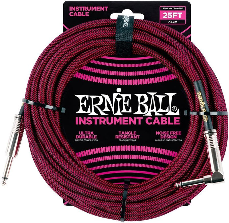 Ernie Ball Braided Instrument Cable Set Straight/Angle Length 25ft in Red/Black (P06062) - Pack of 2