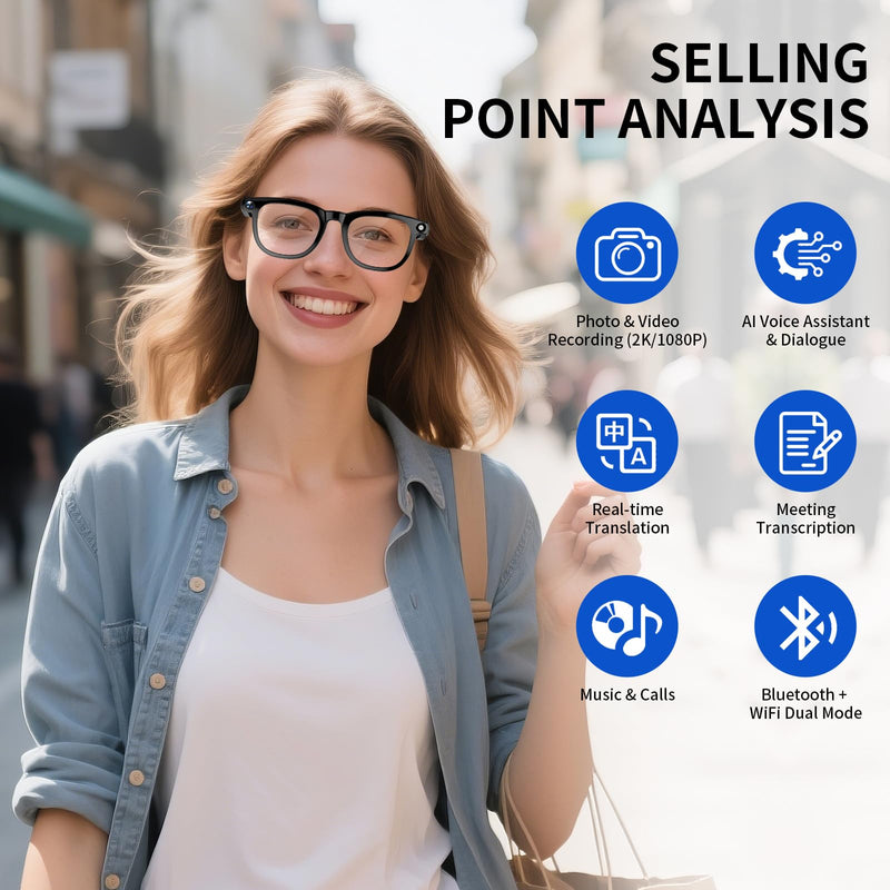 AI Translation Smart Glasses with Built-in AI Assistant & 800W Camera, ENC Noise Cancelling, USB-C Fast Charge for International Travel and Business Meetings Black