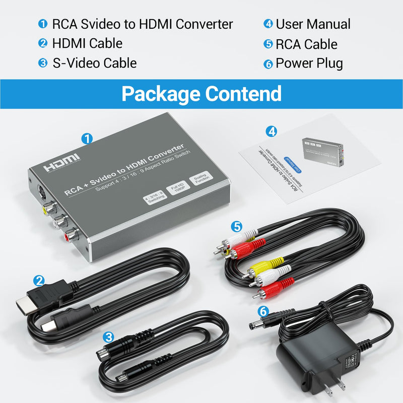 RCA Svideo to HDMI Converter with 4 : 3/16 : 9 Aspect Ratio Switch, S-Video RCA to HDMI Adapter, Support 720P/1080P Output Switch for VHS/VCR/DVD Player/Wii/PS1/PS2/N64/NGC/NES to View on HDMI TVs