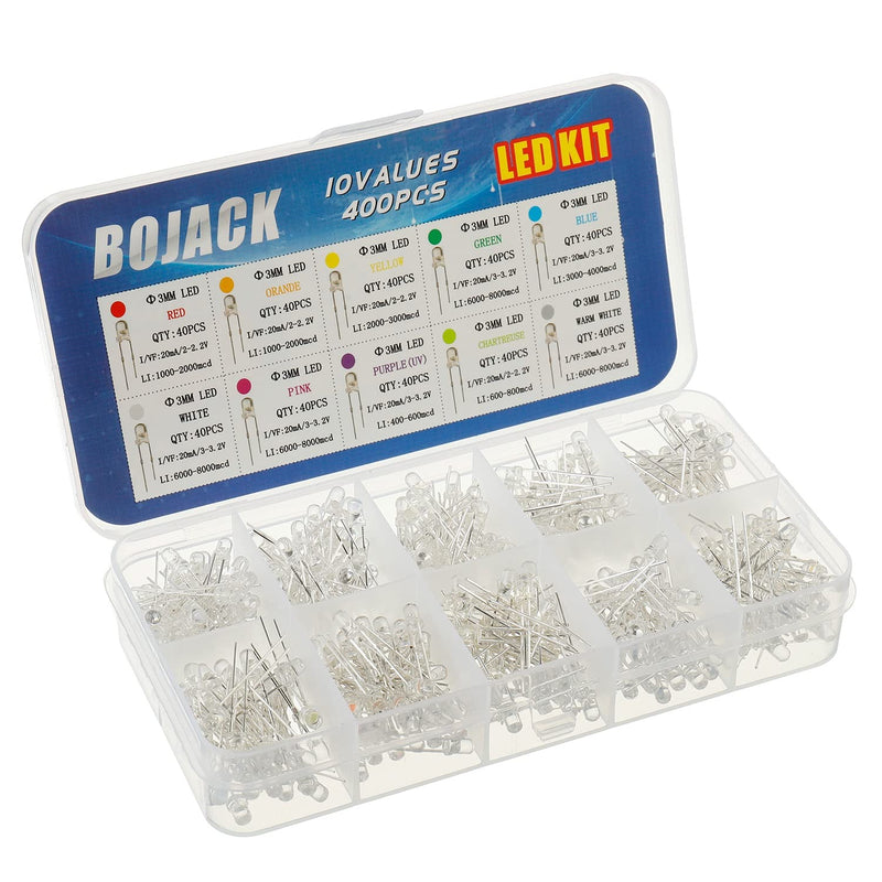 BOJACK 10 Colours 400 Pieces 3mm Lamp Diodes Assortment Kit Pack (Transparent, 2V - 3.2V, 20mA) Light Bulbs Electronic Components 3mm Light Emitting Diodes