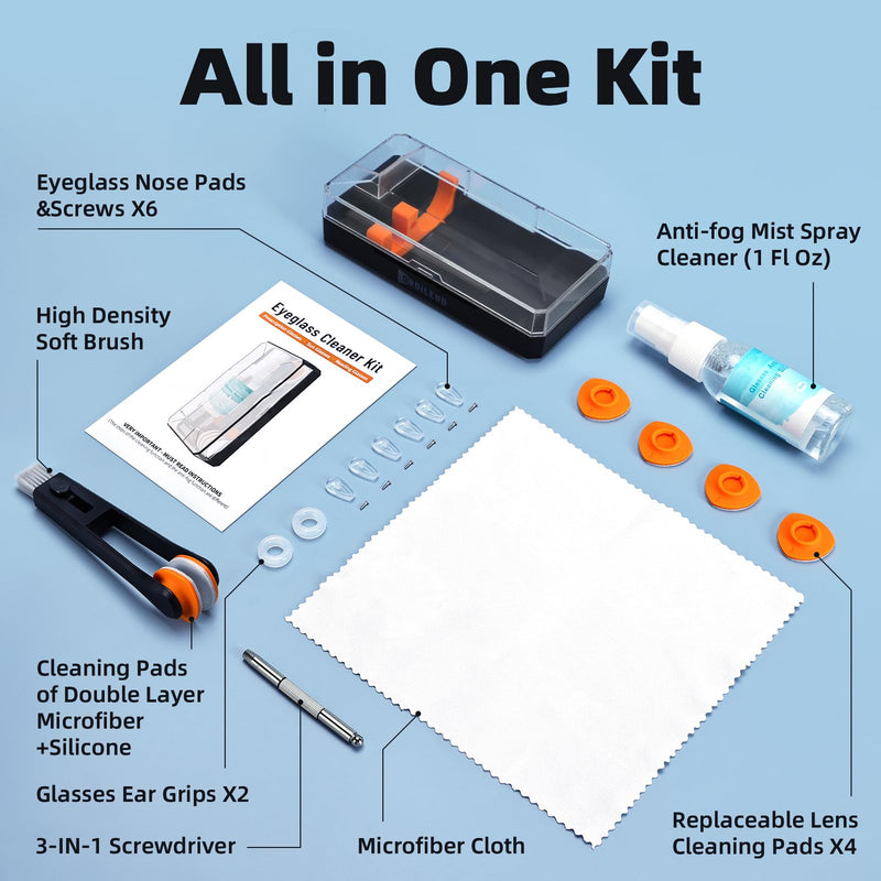 Glasses Cleaning Kit Eyeglass Cleaner, Anti Fog Lens Cleaner Spray with Microfiber Lens Cleaning Cloth, Eye Glass Repair Kit with Screws and Screwdriver, Nose Pads, Portable Glasses Cleaner Tool Light Black