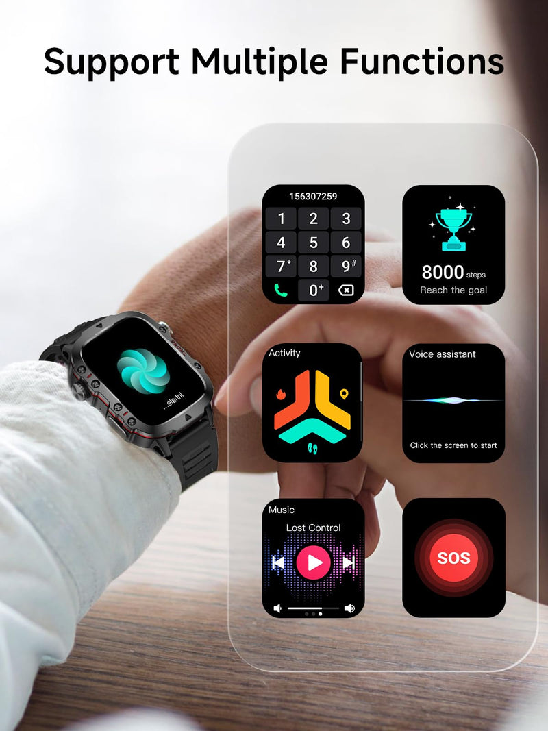 Blood Pressure Watch Men, IP68 Waterproof Blood Pressure Watch, 1.96" High-Resolution Touch Screen Smart Fitness Tracker with 100+ Sport Modes Compatible with Android and iOS, Black